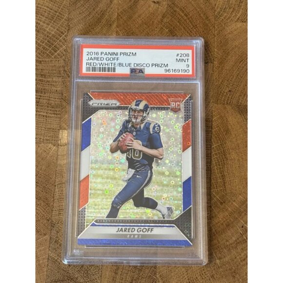 2021-22 Panini Red White/Blue Disco Prizm: Jared Goff#208 Los Angeles Rams PSA 9
